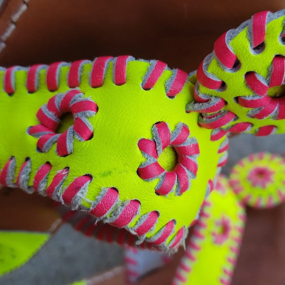 Palm Beach Handmade Leather Neon Green Pink Sandals Size 8 Beachy Tropical USA - Picture 13 of 16